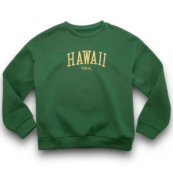 SHEIN Cozy Embroidered Gold HAWAII USA Green Crewneck Sweater Size SM/US 4 - Picture 13 of 14